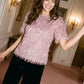 Violet Shadow Fuzzy Knit Crew Neck Top - Woman Wearing Short Sleeve Relaxed Sweater - Suzy Shier