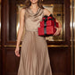 Camel Textured Satin Midi Dress with Cowl Neck - Woman Wearing Pleated Sleeveless Dress - Suzy Shier