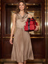 Camel Textured Satin Midi Dress with Cowl Neck - Woman Wearing Pleated Sleeveless Dress - Suzy Shier