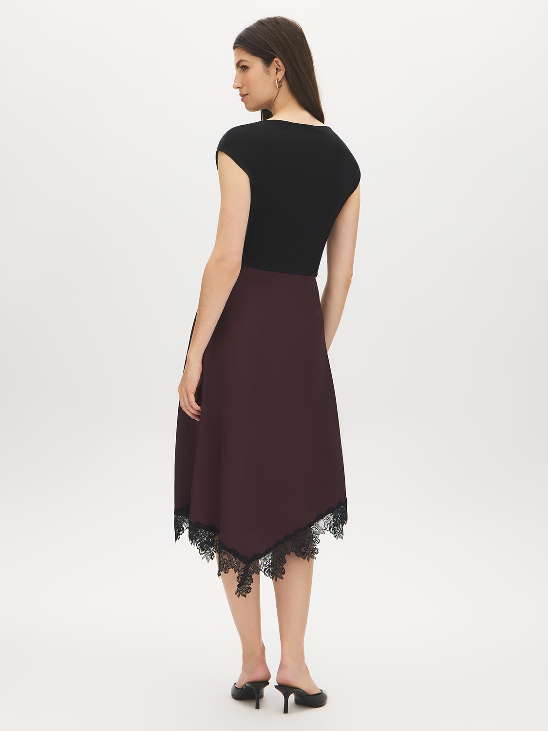 Jet Black/Winetasting Asymmetrical Satin Skirt Dress with Lace Detail - Back View - Suzy Shier