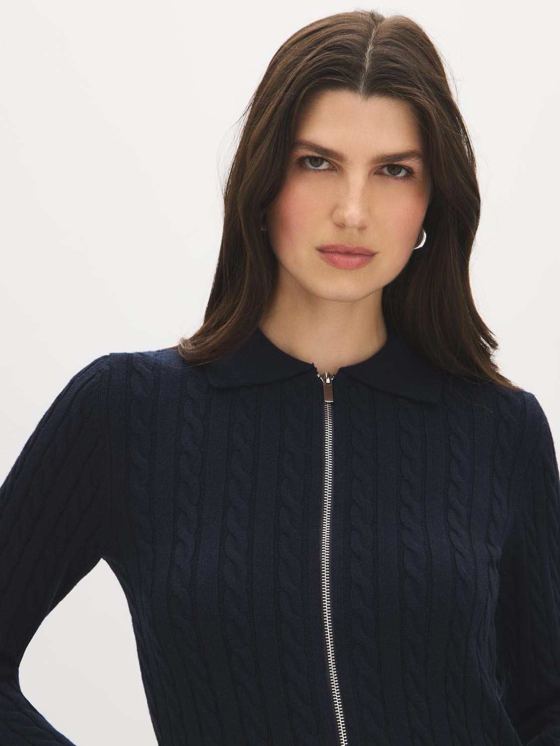 Inkwell Cable Stitch Zip-Front Sweater - Close-up Collar Detail - Suzy Shier
