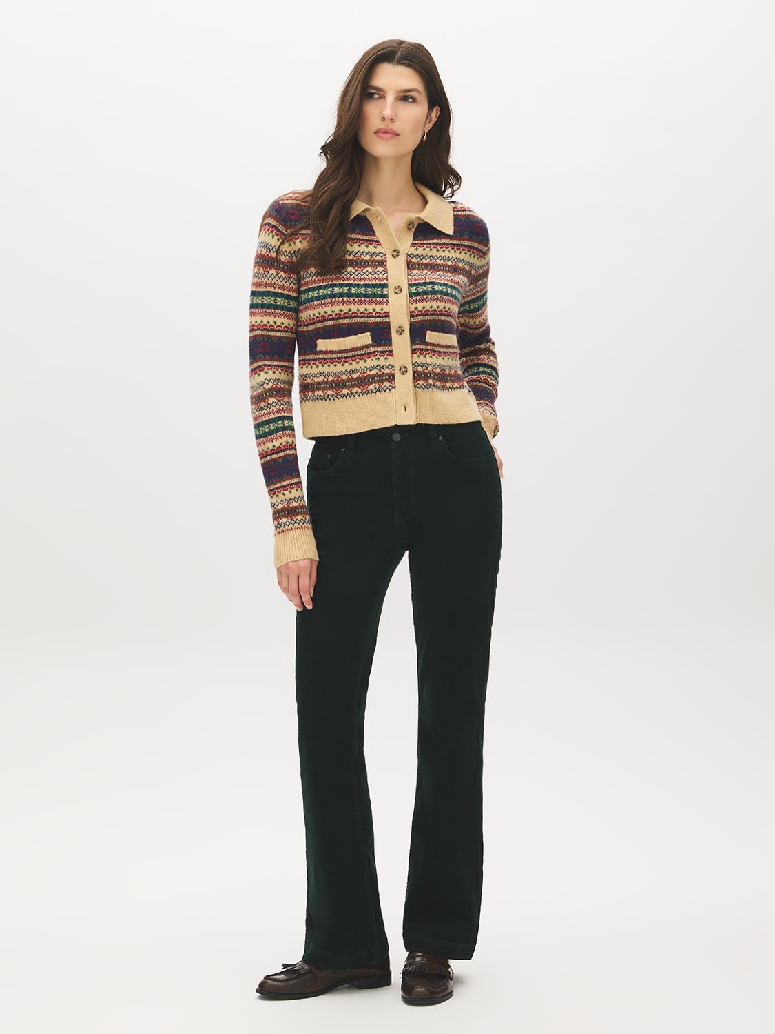 Scarab Corduroy Flare-Leg Pants - Woman Wearing Mid-Rise Corduroy Trousers - Suzy Shier