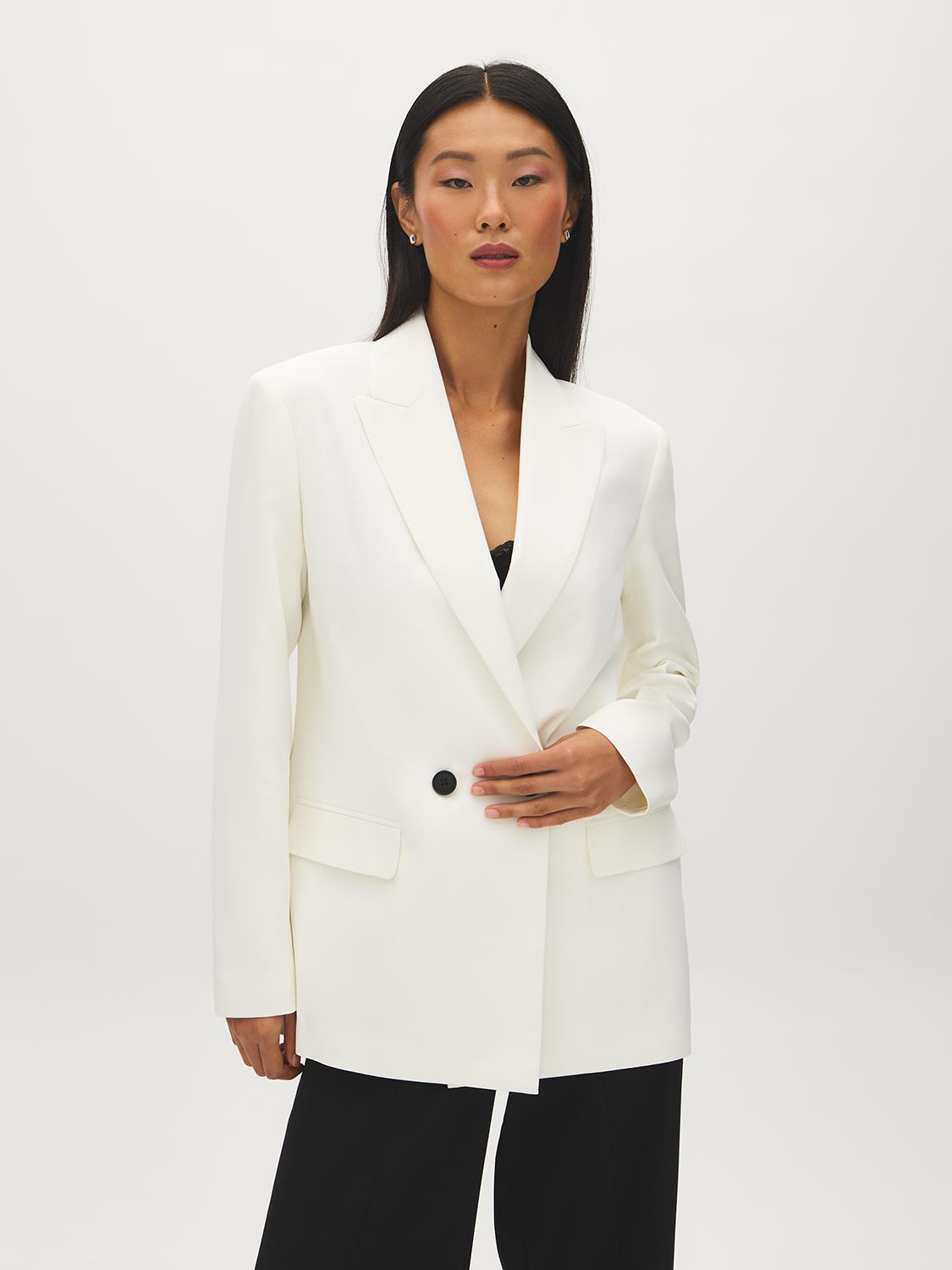 Off White Double-Breasted Blazer with Notch Collar - Side Profile View - Suzy Shier