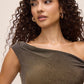 Bronze/Black Lurex Knit Asymmetric Neckline Sheath Dress - Close-up Neckline Detail - Le Chateau
