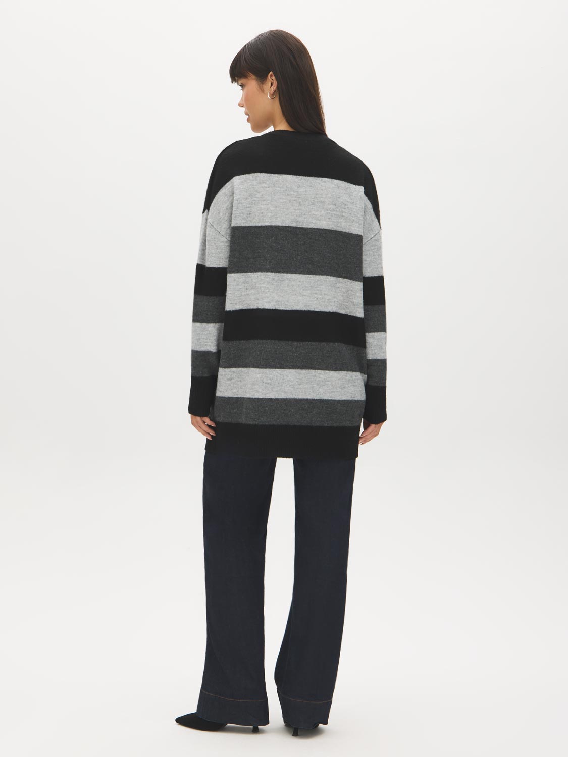 Dark Grey Mix Color Block Stripe Duster Cardigan - Back View - Suzy Shier