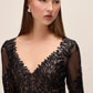 Black/Nude Leaf Pattern Sequin V-Neck Gown - Close-up V-Neck Detail - Le Chateau
