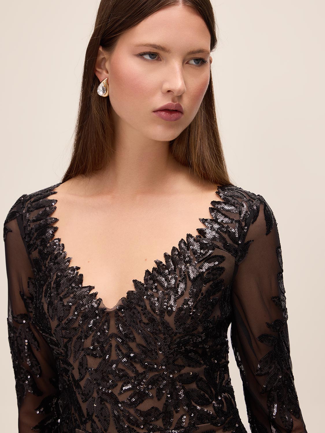 Black/Nude Leaf Pattern Sequin V-Neck Gown - Close-up V-Neck Detail - Le Chateau