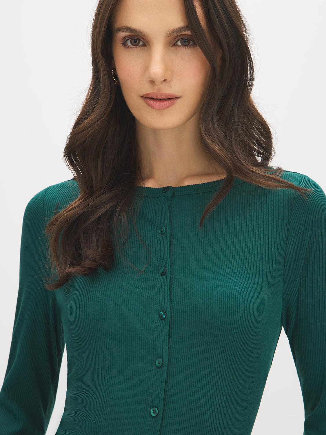 Forest Biome Ribbed Boat Neck Knit Top - Close-up Button Detail - Suzy Shier