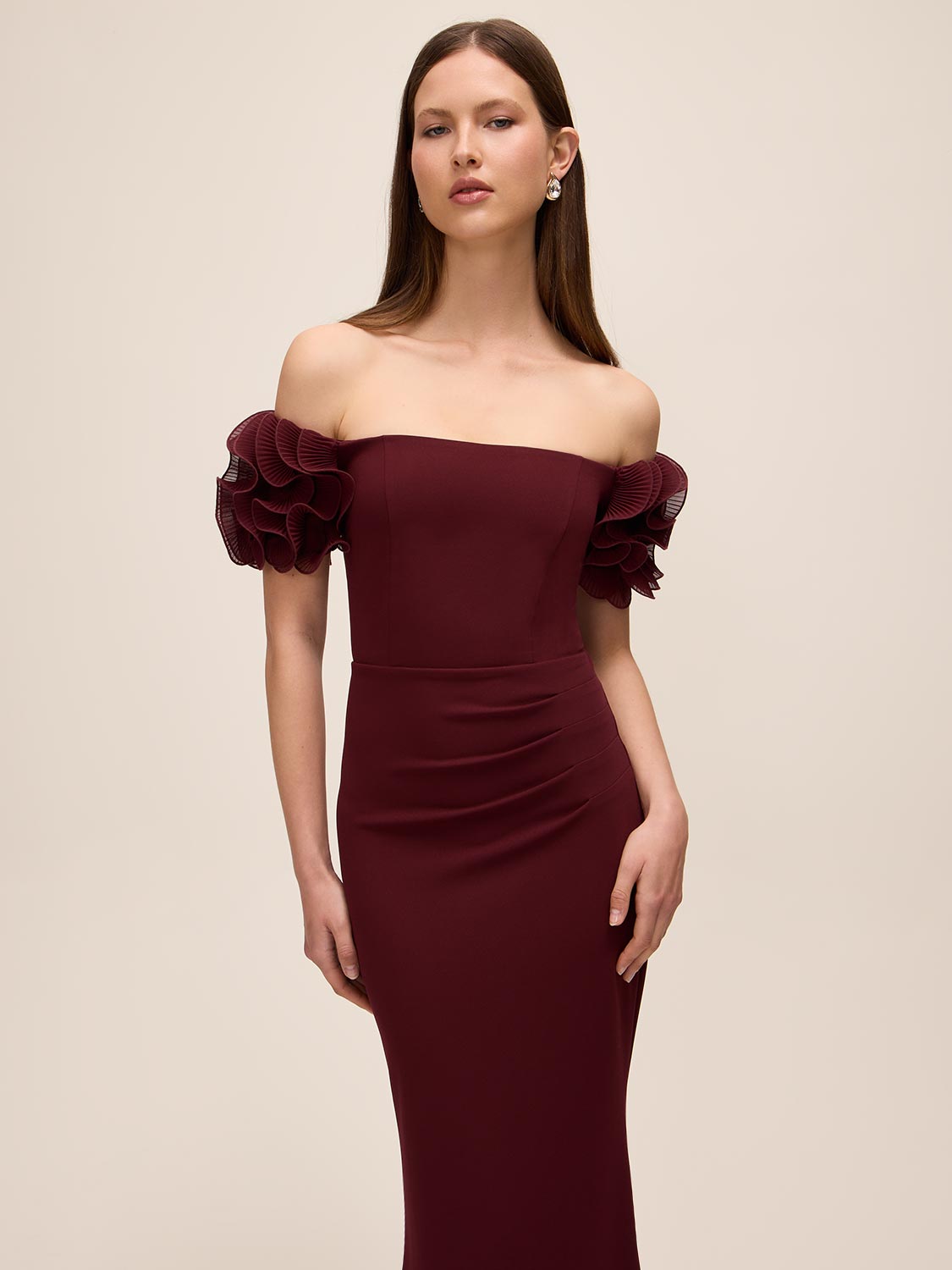 Off-Shoulder Knit Crepe Gown with Chiffon Rosette Sleeves