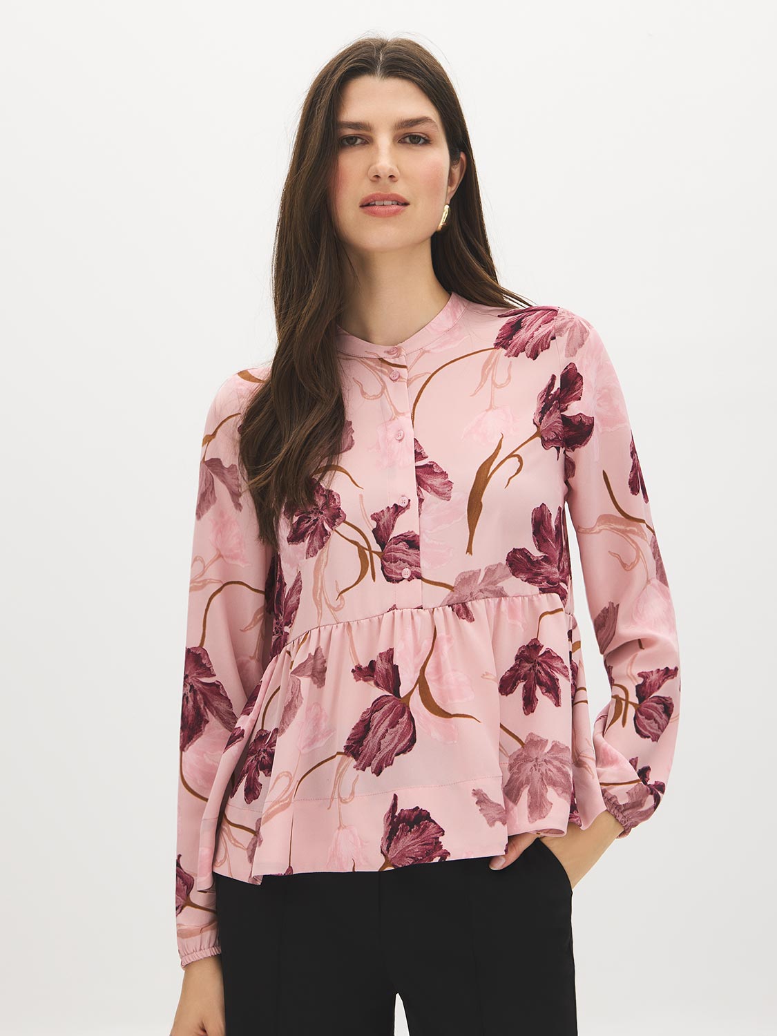Dusty Pink Multi Chiffon Peplum Blouse - Woman Wearing Floral Print Blouse with Shirred Waist - Suzy Shier