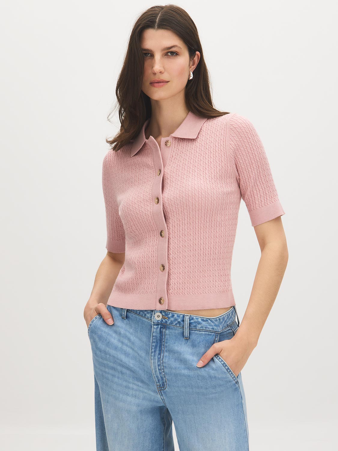 Zephyre Short Sleeve Cable Knit Button-Front Sweater - Front View - Suzy Shier
