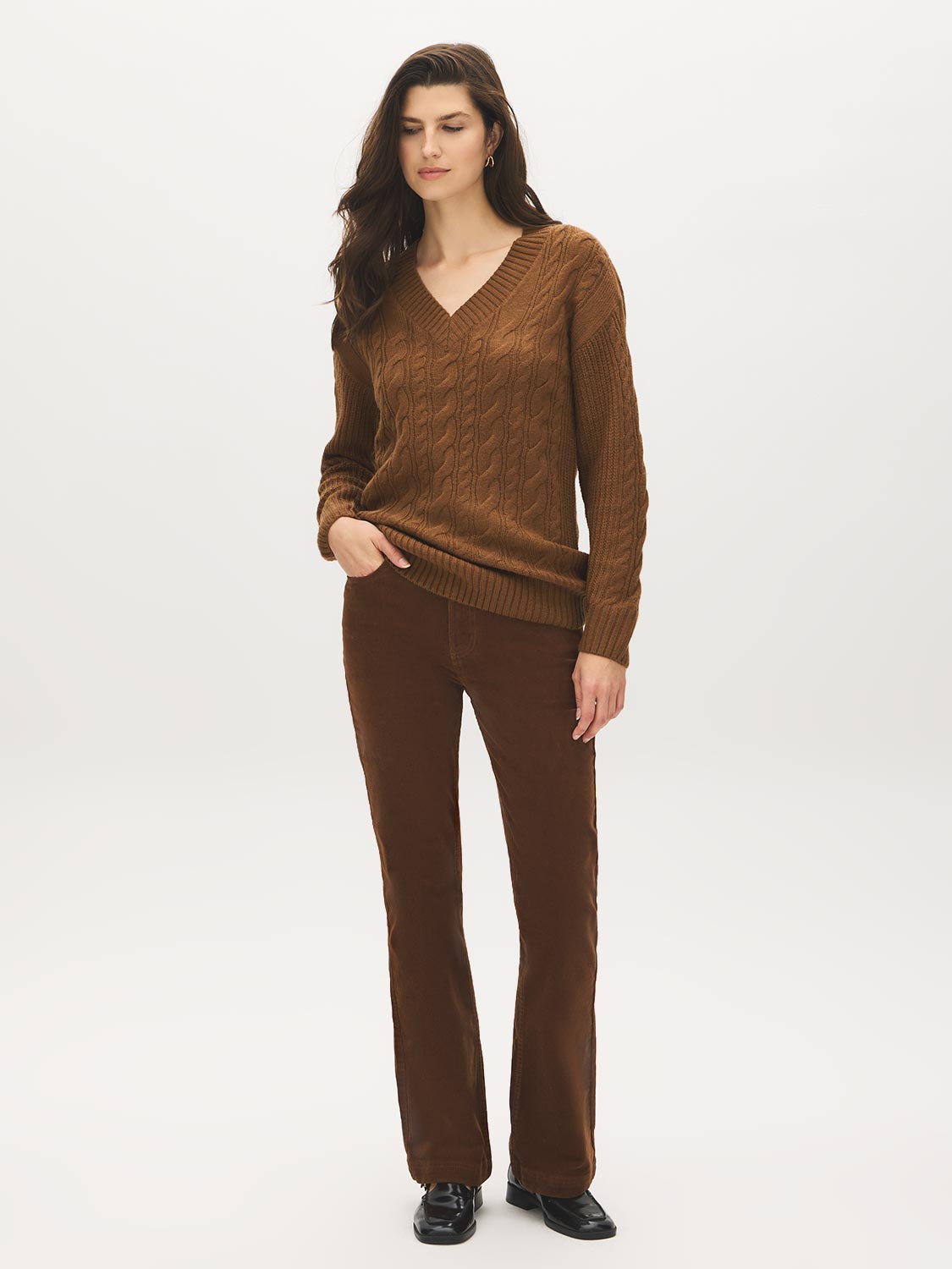 Bison Cable Knit V-Neck Sweater - Front View - Suzy Shier