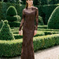 Mocha Soutache Floral Mesh Gown - Woman Wearing Long Sleeve Embroidered Evening Dress - Le Chateau