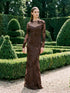Mocha Soutache Floral Mesh Gown - Woman Wearing Long Sleeve Embroidered Evening Dress - Le Chateau