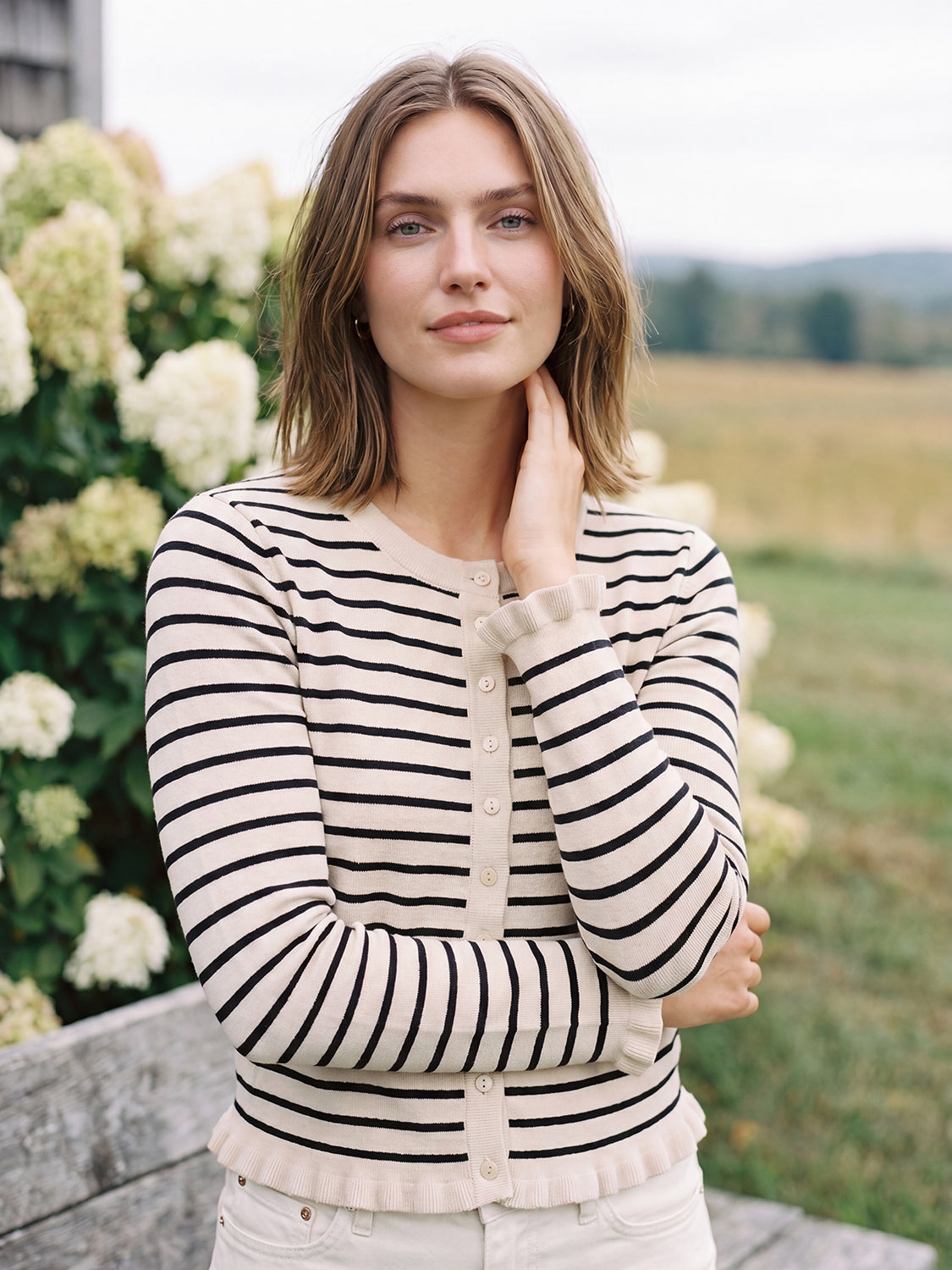Beige/Navy Ruffle Detail Knit Cardigan - Woman Wearing Striped Cardigan with Ruffles - Suzy Shier