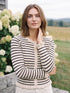 Beige/Navy Ruffle Detail Knit Cardigan - Woman Wearing Striped Cardigan with Ruffles - Suzy Shier