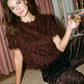 Milk Chocolate Fuzzy Knit Crew Neck Top - Woman Wearing Relaxed Short Sleeve Pullover - Suzy Shier