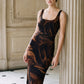 Toffee and Black Ruched Floral Print Midi Dress - Woman Wearing Square Neck Cocktail Dress - Le Chateau