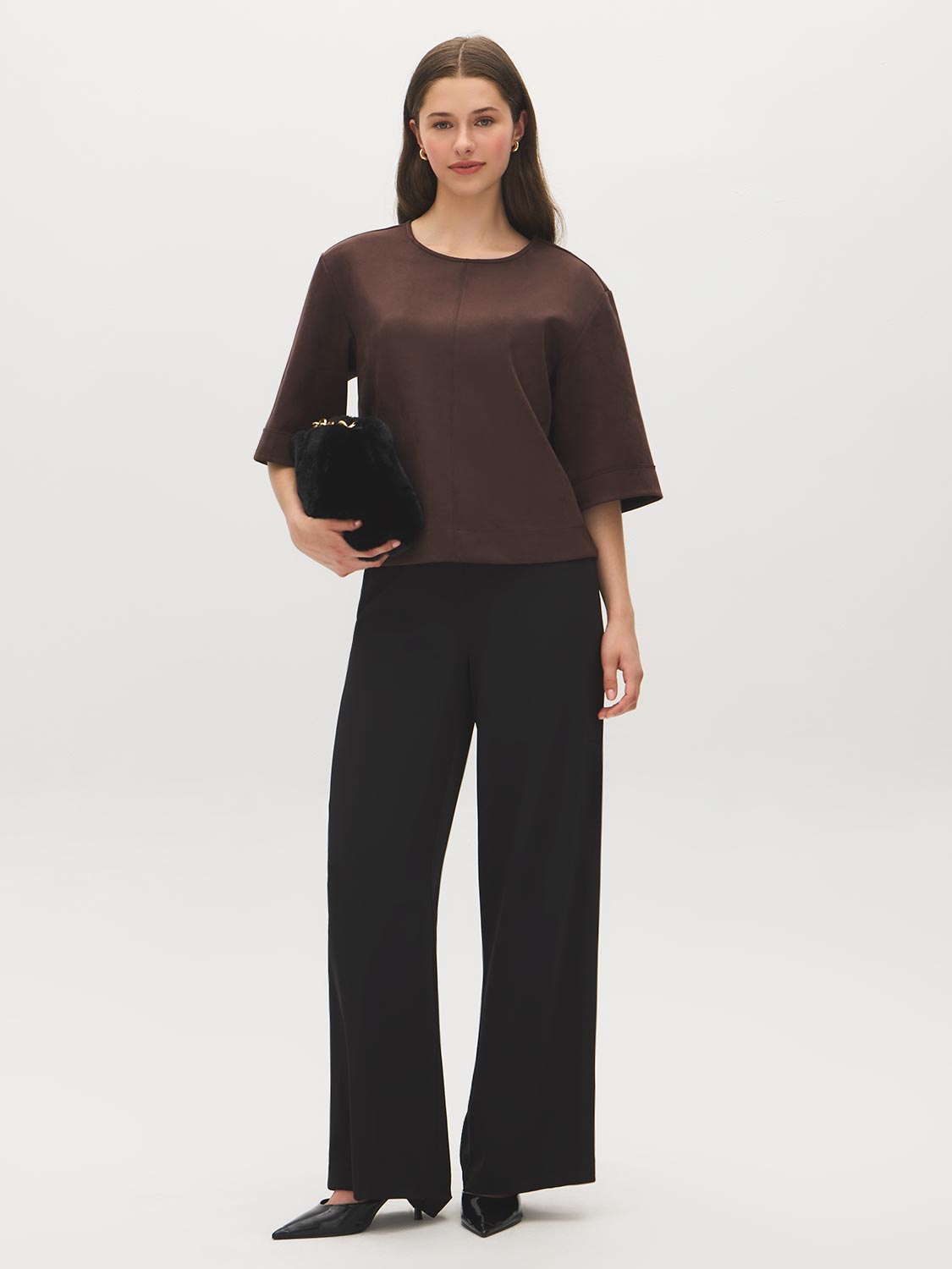 Coffee Bean Faux Suede Boxy Top - Front View - Suzy Shier