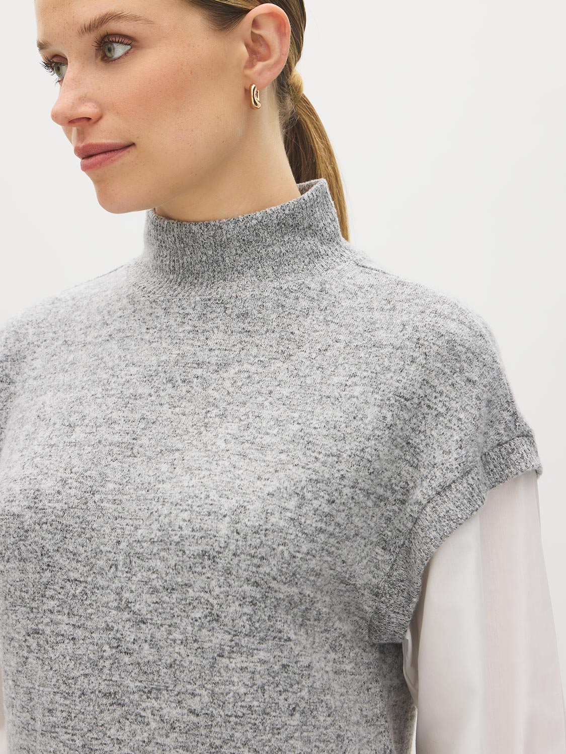 Grey Melange Mock Neck 2fer Knit Top with Poplin Sleeves - Close-up Fabric Detail - Suzy Shier