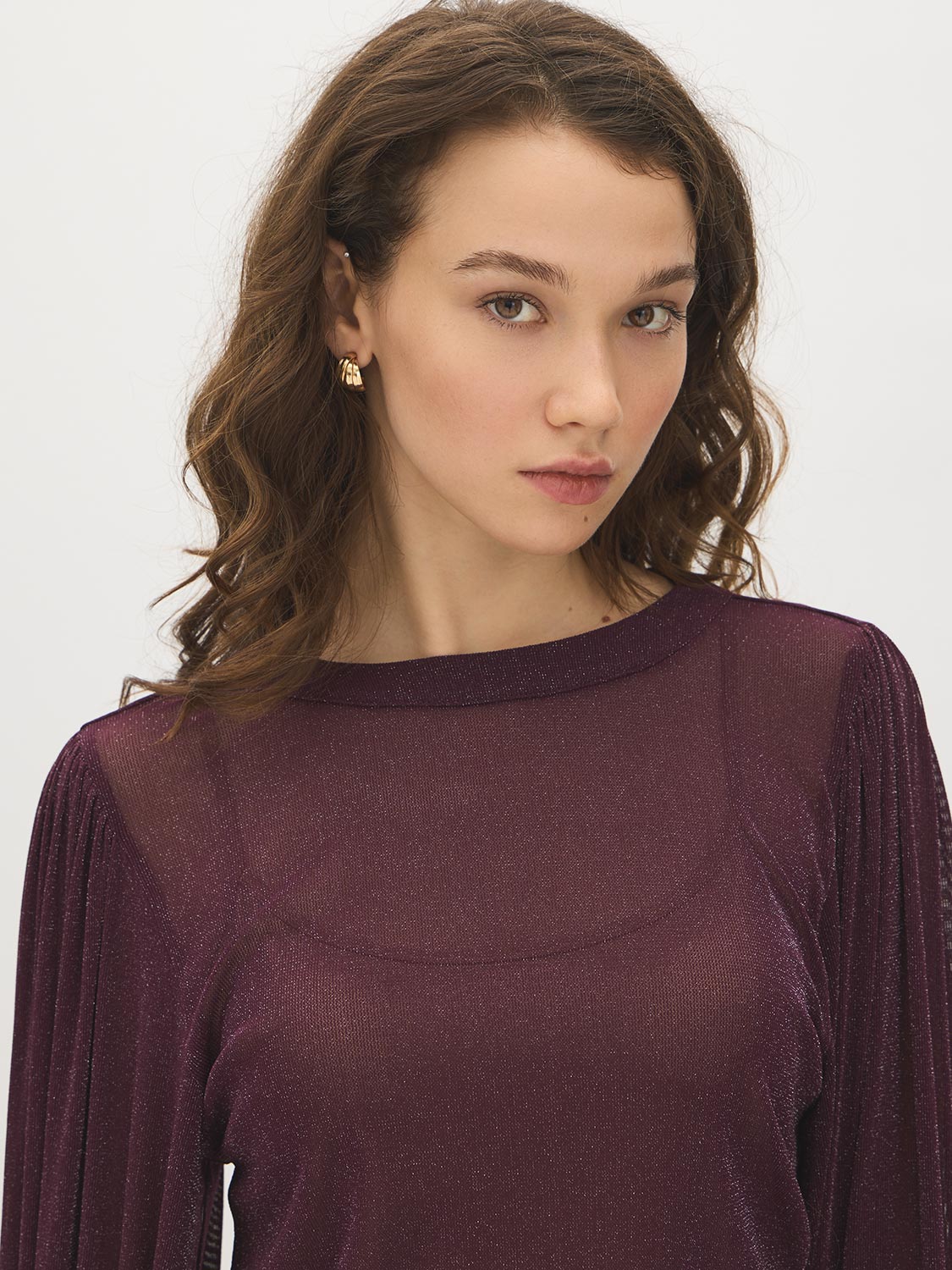 Winetasting Glitter Knit Top with Smocked Detail - Close-up Fabric Detail - Suzy Shier