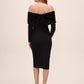 Black Off-Shoulder Knit Crepe Midi Dress with Fur Band - Back View - Le Chateau