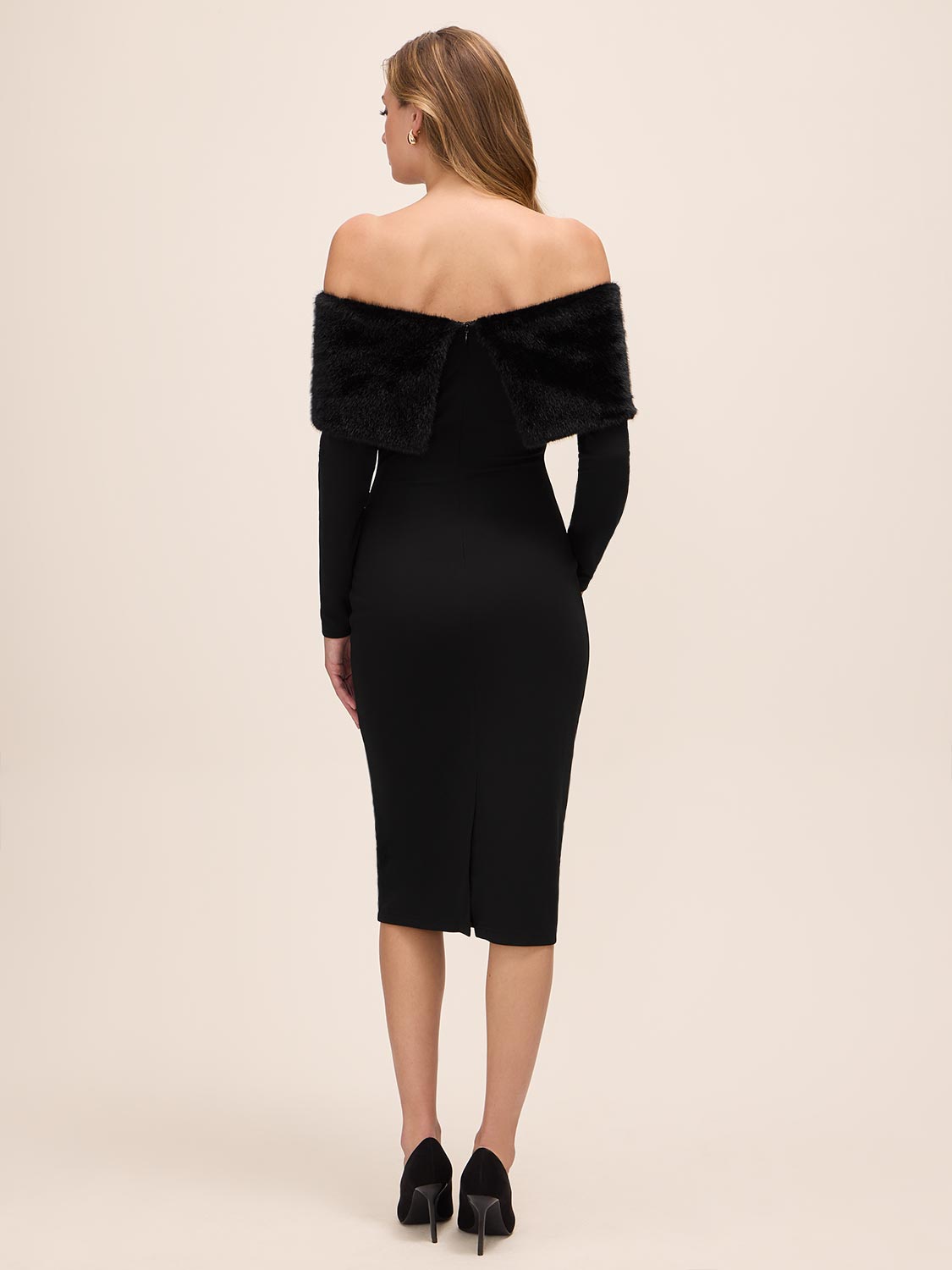 Black Off-Shoulder Knit Crepe Midi Dress with Fur Band - Back View - Le Chateau