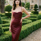 Bordeaux Cowl Neck Satin Dress - Woman Wearing Pleated Evening Dress - Le Chateau