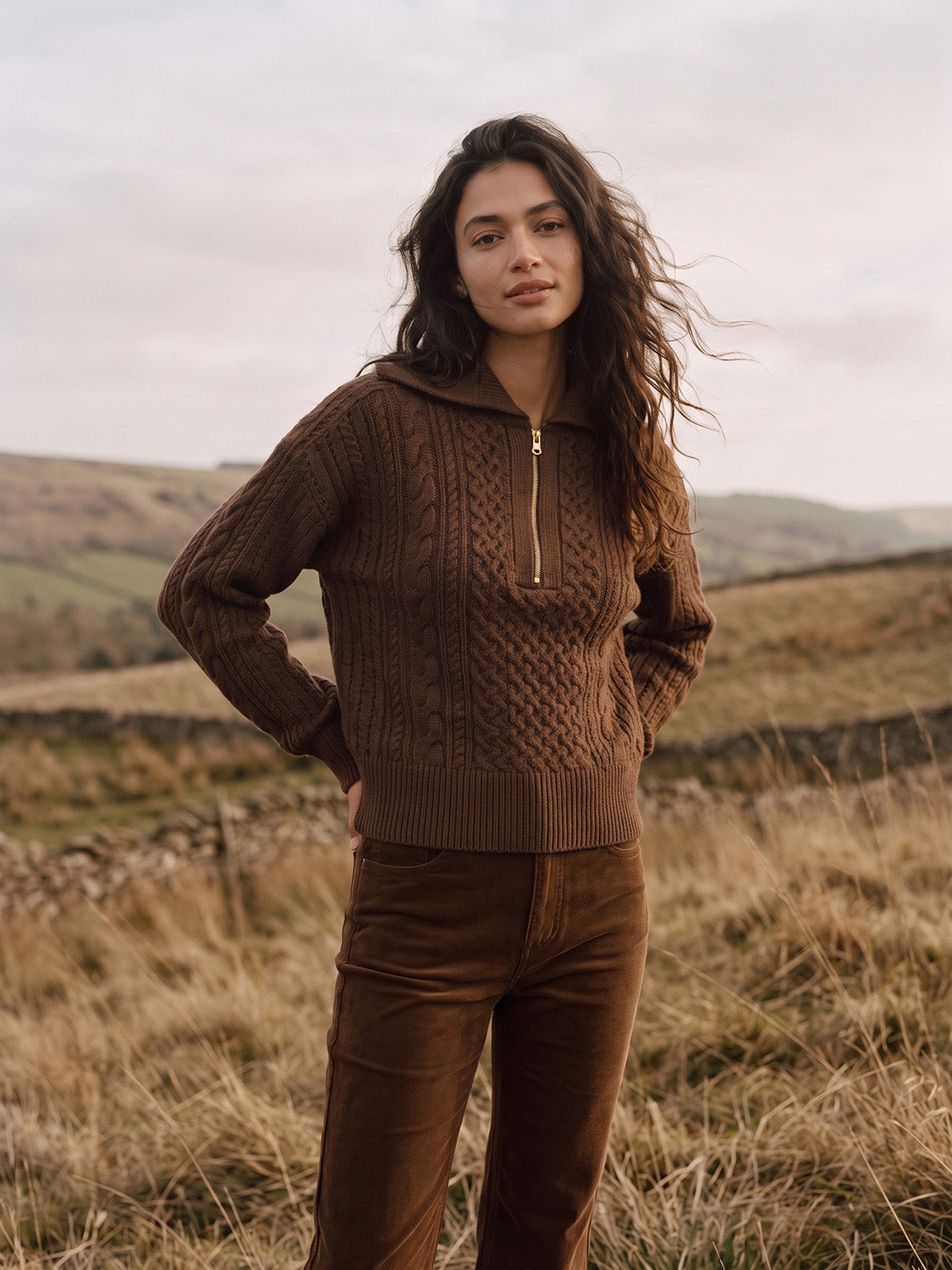 Orzo Brown Quarter-Zip Cable Knit Sweater - Close-up Fabric Detail - Suzy Shier
