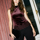 Dark Raisin Velvet Funnel Neck Top with Crochet Hem - Woman Wearing Short Sleeve Velvet Blouse - Suzy Shier