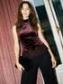 Dark Raisin Velvet Funnel Neck Top with Crochet Hem - Woman Wearing Short Sleeve Velvet Blouse - Suzy Shier