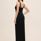 Black Square Neck Knit Crepe Gown with Wrap Skirt - Woman Wearing Elegant Evening Dress - Le Chateau