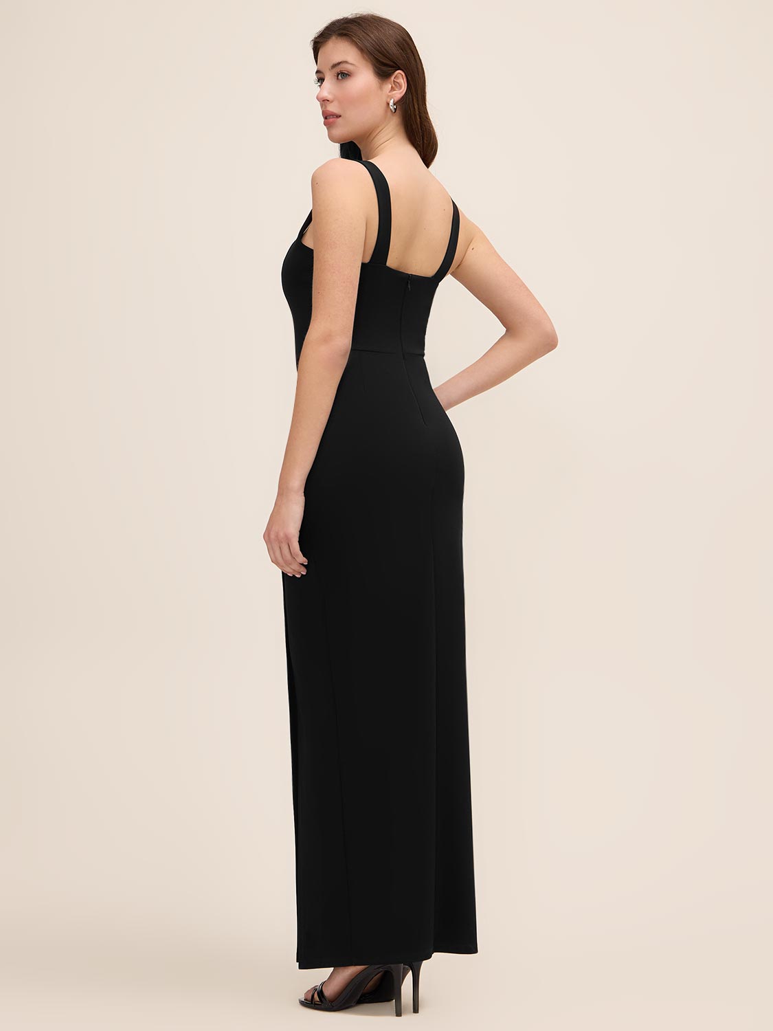Black Square Neck Knit Crepe Gown with Wrap Skirt - Woman Wearing Elegant Evening Dress - Le Chateau
