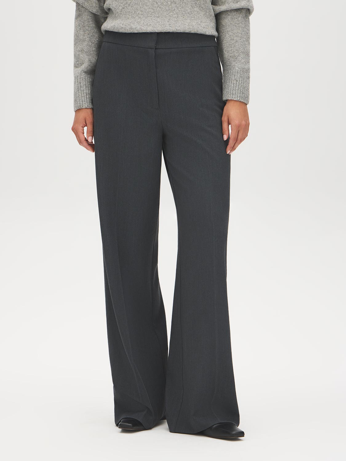 Grey Mix Wide-Leg Trousers with Clean Waistband - Front View - Suzy Shier