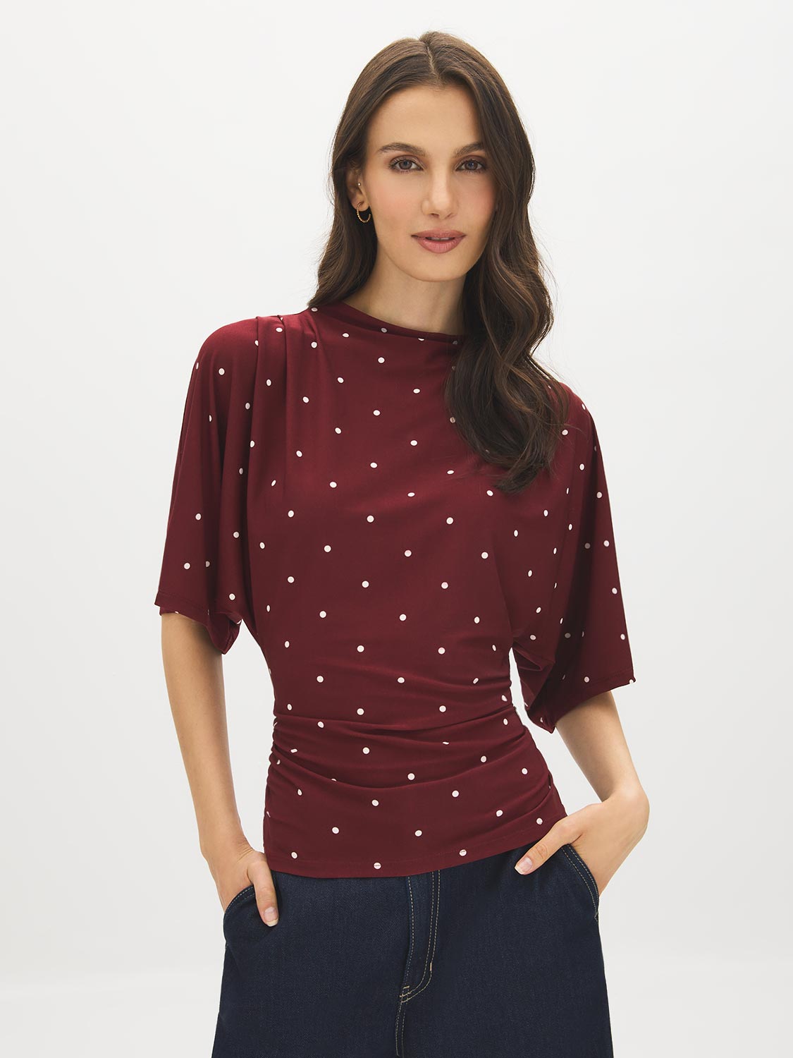 Zinfandel Polka Dot Funnel Neck Top with Kimono Sleeves - Woman Wearing Printed Knit Top - Suzy Shier