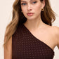 Chocolate One-Shoulder Sheath Dress with Heat Transfer Studs - Close-up Fabric Detail - Le Chateau