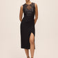 Black Illusion Upper Sequin Sheath Dress - Woman Wearing Cocktail Length Dress with Front Slit - Le Chateau