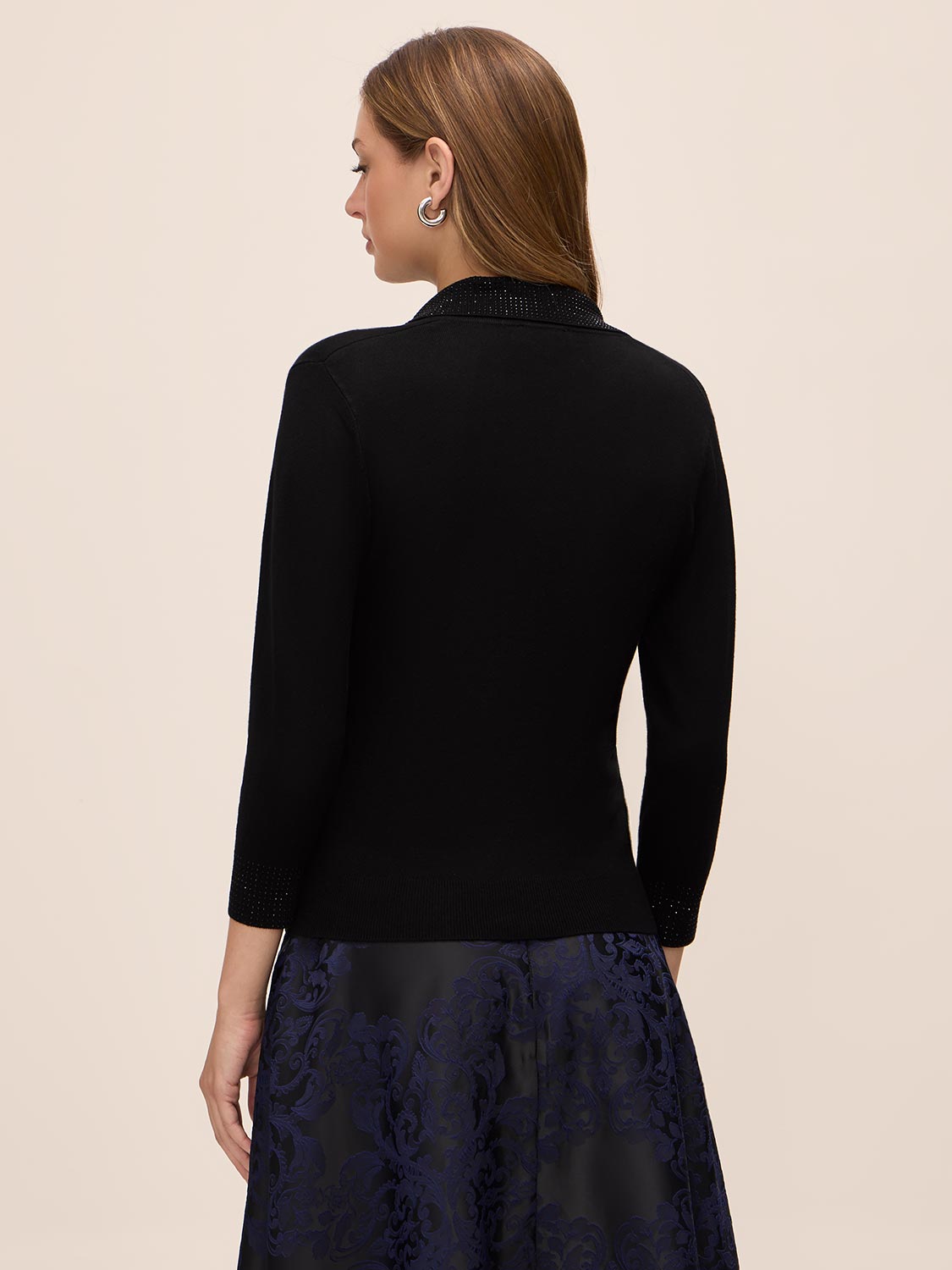 Black Rhinestone Collar Polo Sweater - Back View - Le Chateau