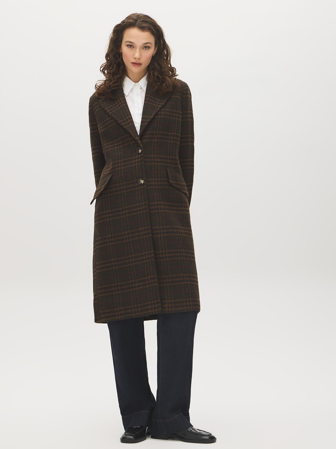 Plaid Brown Faux Wool Single-Breasted Coat - Woman Wearing Tailored Outerwear - Suzy Shier