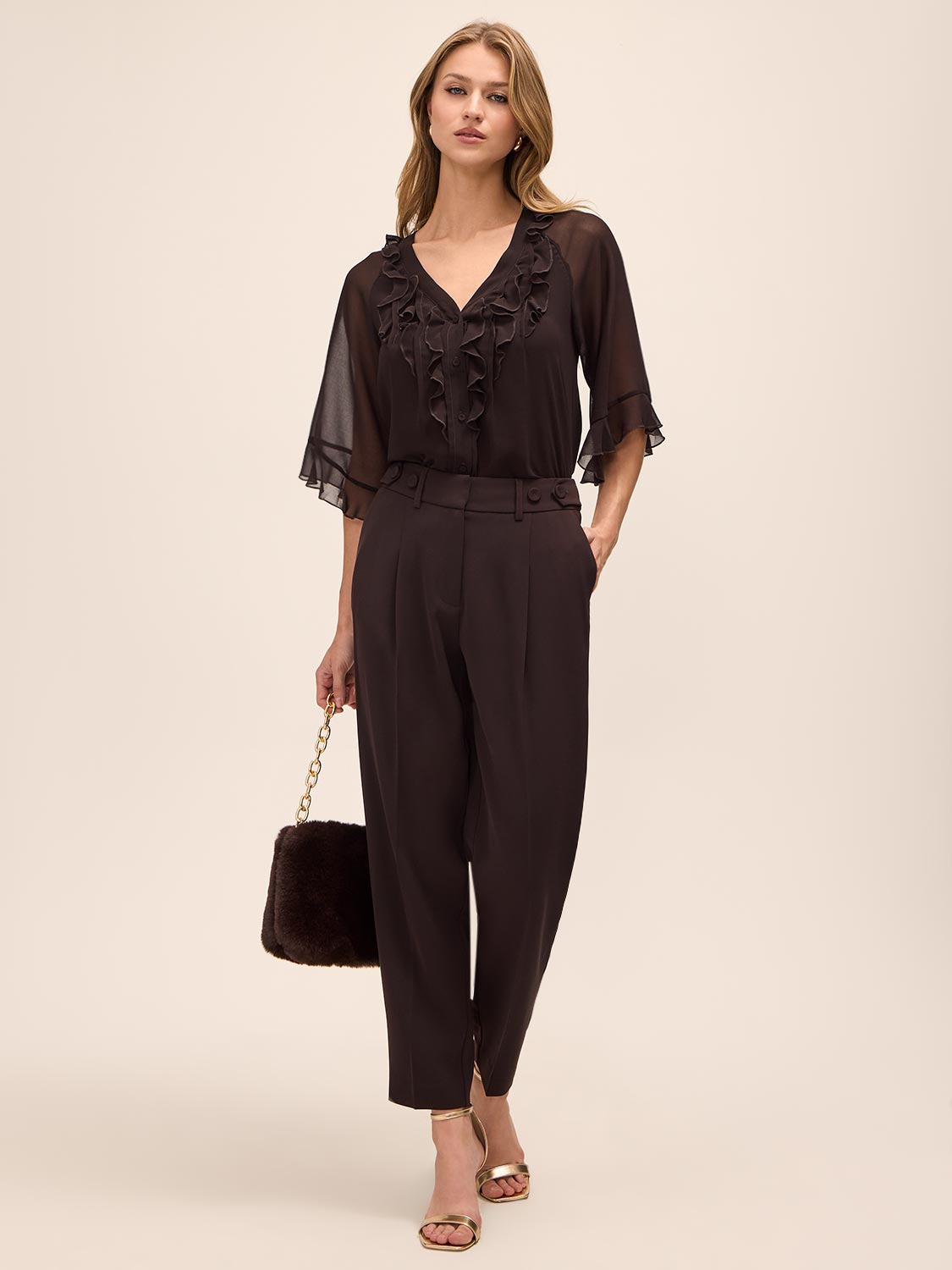 Chestnut Ruffle Short Sleeve Blouse - Styled Full Outfit View - Le Chateau