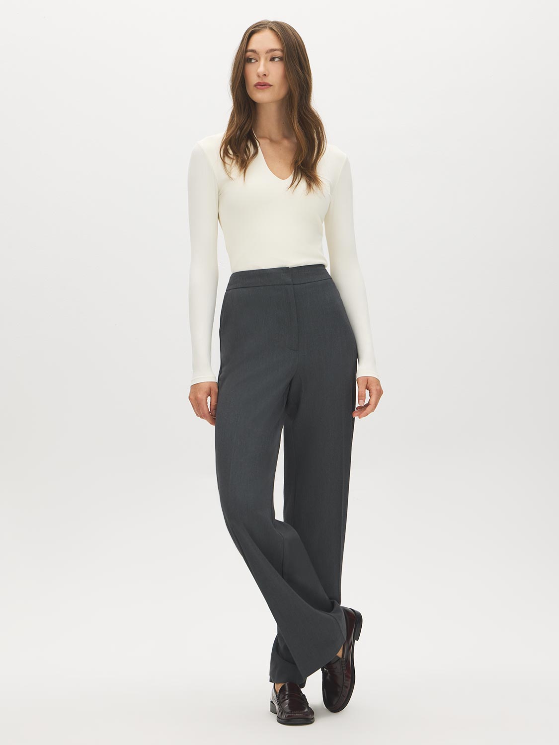 Egret Ribbed Deep V-Neck Stretch Jersey Top - Front View - Suzy Shier