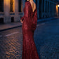 Burgundy Sequin Mesh Gown with Cape - Woman Wearing Floor-Length Evening Dress - Le Chateau