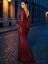 Burgundy Sequin Mesh Gown with Cape - Woman Wearing Floor-Length Evening Dress - Le Chateau