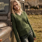 Ivy Melange V-Neck Cable Knit Sweater - Woman Wearing Cozy Knit Top - Suzy Shier