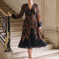 Dijon/Black Paisley Crossover Midi Dress - Woman Wearing Pleated Dress with Twist Front - Le Chateau