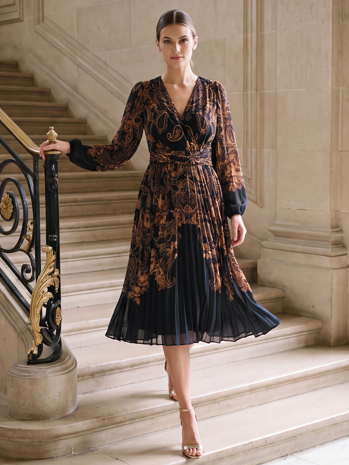 Dijon/Black Paisley Crossover Midi Dress - Woman Wearing Pleated Dress with Twist Front - Le Chateau