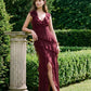 Bordeaux V-Neck Chiffon Gown with Tiered Ruffles - Woman Wearing Elegant Evening Dress - Le Chateau