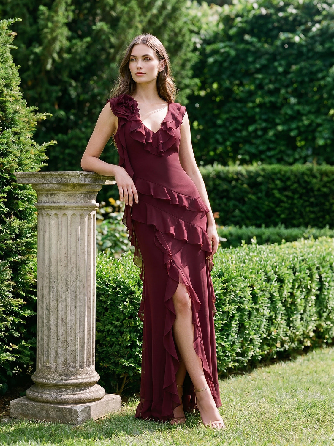 Bordeaux V-Neck Chiffon Gown with Tiered Ruffles - Woman Wearing Elegant Evening Dress - Le Chateau