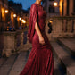 Burgundy Sequin Mesh Gown with Cape - Woman Wearing Floor-Length Evening Dress - Le Chateau