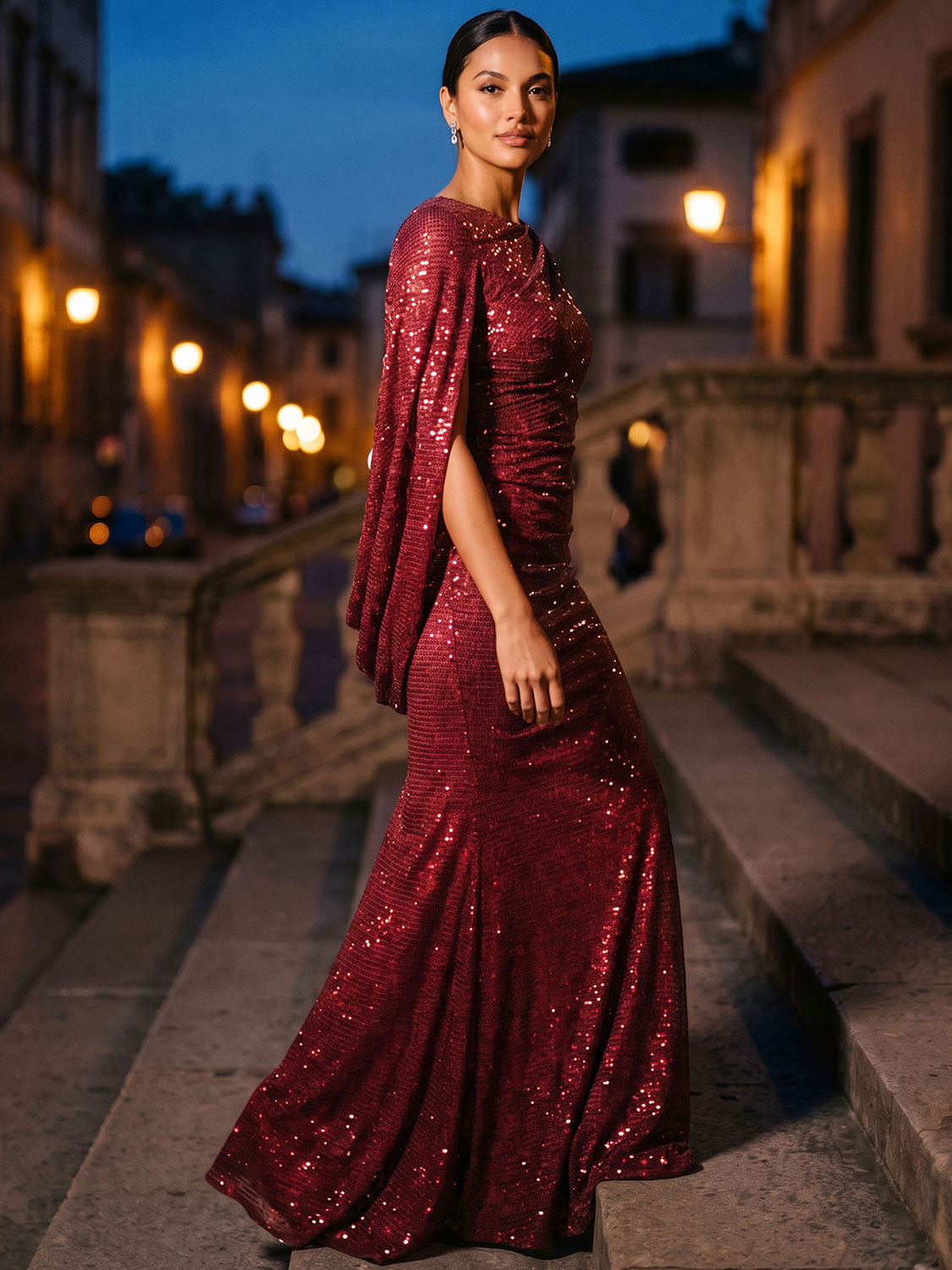 Burgundy Sequin Mesh Gown with Cape - Woman Wearing Floor-Length Evening Dress - Le Chateau
